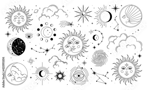 Set of sun, moon, stars, clouds, constellations and esoteric symbols. Alchemy mystical magic elements for prints, posters, illustrations and patterns. Black spiritual occultism objects.
