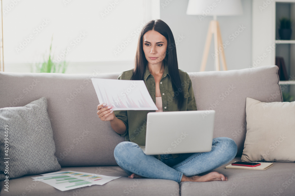 Portrait of charming skilled focused girl sitting on divan using laptop reading documents working remotely at home house flat indoor Portrait of charming skilled focused girl sitting on divan using laptop reading documents working remotely at home house flat indoor