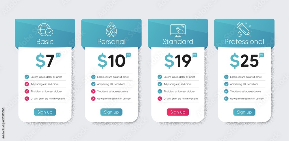 Touch screen, Artificial colors and World statistics icons set. Medical syringe sign. Vector