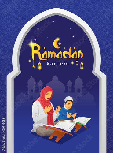 Ramadan Kareem greetings card with praying woman and her son after read the holy Quran