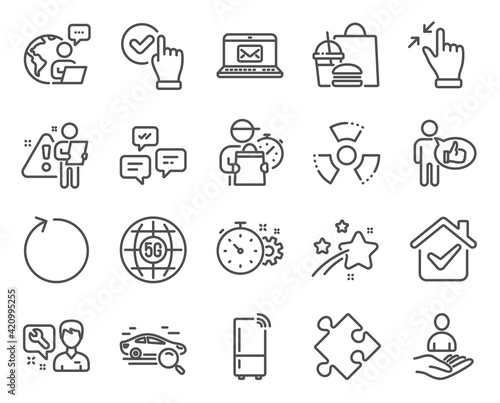 Technology icons set. Included icon as Checkbox, Repairman, Search car signs. Vector