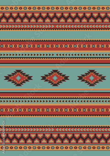 Ethnic geometric pattern of beige, light blue and red colors. Seamless pattern. Mexican rug. Serape design. Woven carpet illustration.