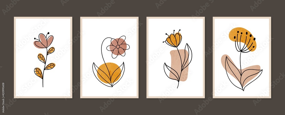 Botanical wall art vector set. Minimal and natural wall art. Boho foliage line art drawing with abstract shape. Abstract Plant Art design for print, wallpaper, cover. Modern vector illustration.