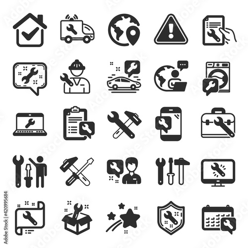 Repair icons. Set of Hammer, Screwdriver and Spanner tool. Vector