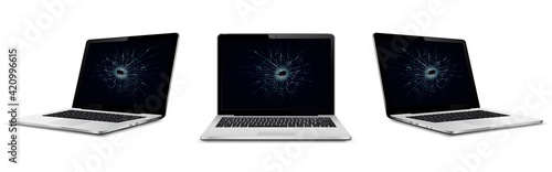 Laptop mock up with broken screen isolated