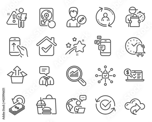 Technology icons set. Included icon as Data analysis, Recovery hdd, Security lock signs. Vector