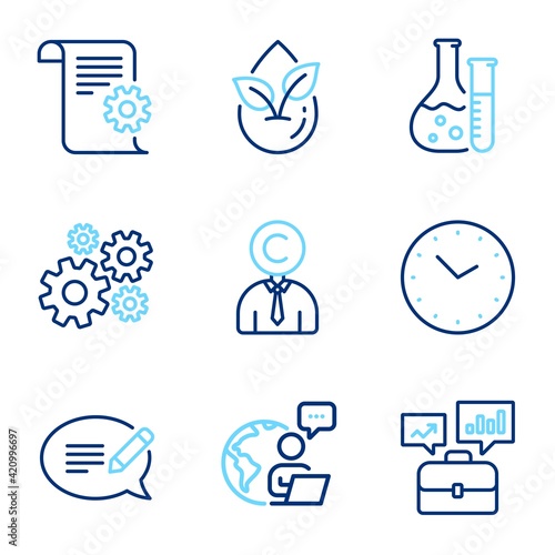 Science icons set. Included icon as Time, Organic product, Chemistry lab signs. Vector
