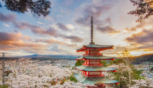 Chureito Pagoda with Fuji Mountain Background at Sunset  Fujiyoshida  Yamanashi  Japan