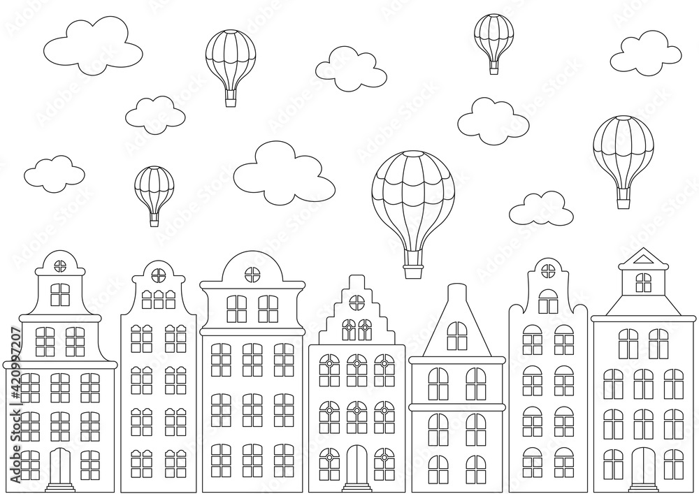 Coloring page with street panorama. European old buildings, facades of historical houses in the Dutch style and hot air balloons in the sky. Vector template for kids coloring book, poster and banner