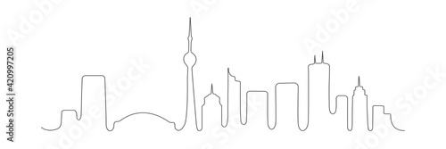 Toronto one line buildings. Canadian city skyline architecture. Toronto famous building. Minimal linear city life concept. Vector line art illustration isolated on white