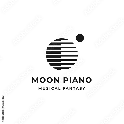 Modern moon logo for piano instrumental. minimalistic design concept with negative space for music company