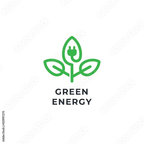 Green energy logo concept with leaf and electric plug symbol