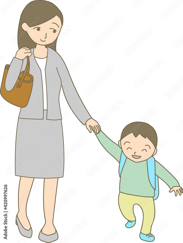 保育園へ息子の送迎をするママのイラスト 保育園へ息子の送迎をするママのイラスト