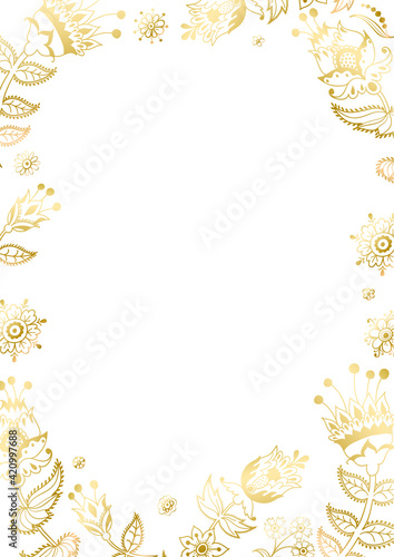 Floral frame and page decoration. Golden leaves cut out on the white background. Vector of a decorative vertical element, border, and frame.