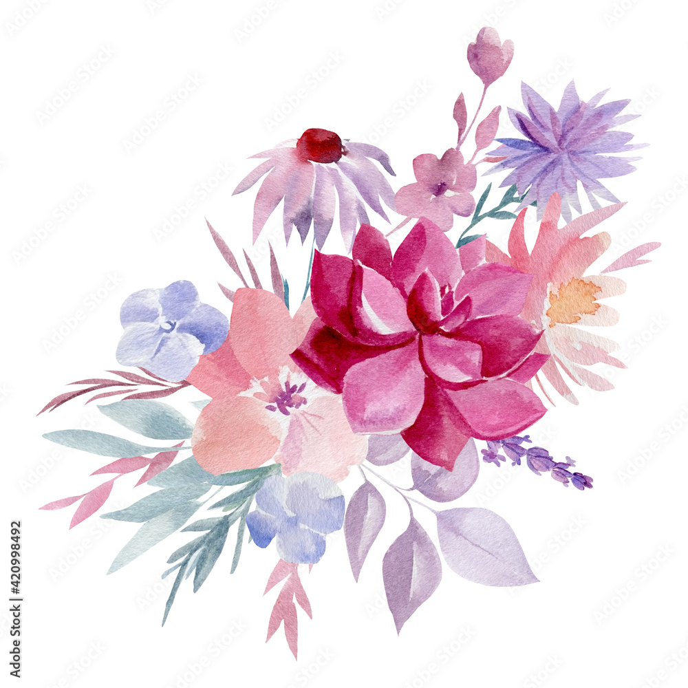 Watercolor abstract flowers, floral bouquet on isolated on white background, hand painted