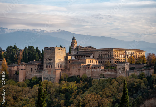 view of the Nasrid Palaces and Palace of Charles V in the Alhambra, Granada, Spain