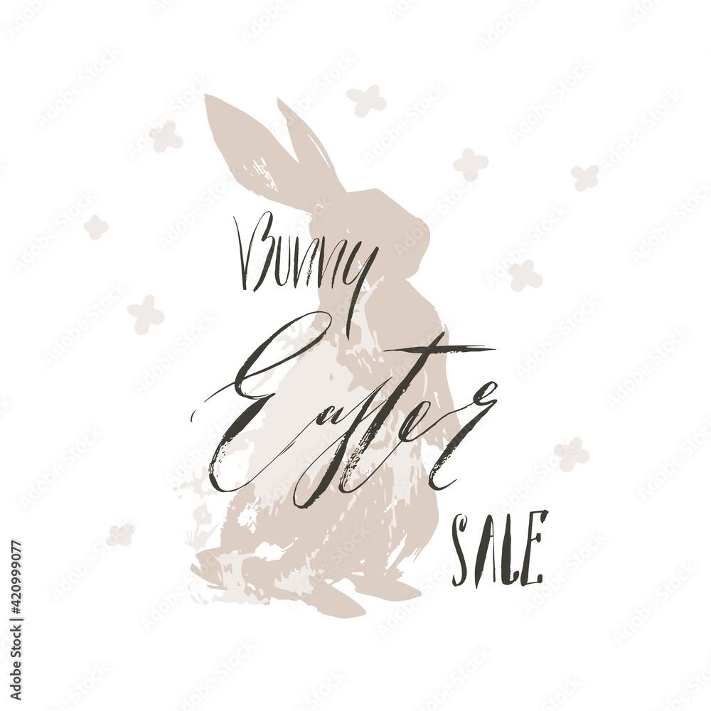 Fototapeta premium Hand drawn vector abstract sketch graphic scandinavian collage Happy Easter cute simple bunny illustrations greeting card and handwritten calligraphy Bunny Easter Sale isolated on white background