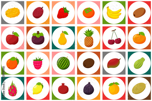 Fototapeta Naklejka Na Ścianę i Meble -  A set of colored icons with fruits and berries. A white circle on a square colored background. It can be used as a seamless pattern for packaging and printing on textiles. Bright vector elements.Flat