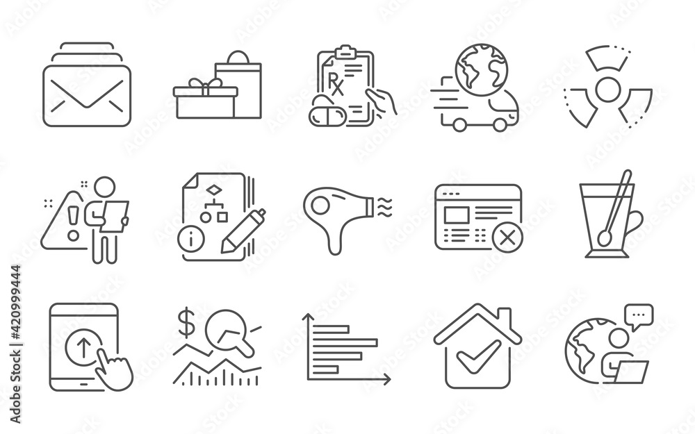 Hair dryer, Check investment and Reject web icons set. Delivery service, Swipe up and Horizontal chart signs. Vector Hair dryer, Check investment and Reject web icons set. Delivery service, Swipe up and Horizontal chart signs. Vector