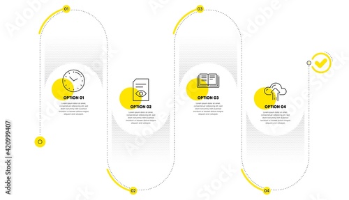 Education, View document and Time icons set. Cloud upload sign. Instruction book, Open file, Clock. Vector