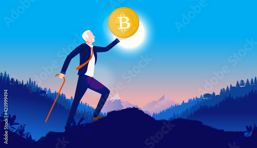 Old man with bitcoin - Senior lifting up coin outdoors in landscape with sun. Bitcoin future concept. Vector illustration.