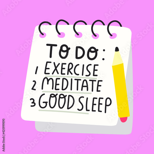 To do list with pencil. Exercise, meditate, good sleep. Vector illustration on pink background.