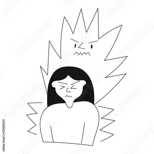 Little girl have anxiety and panic attack. Outline vector illustration on white background.