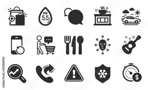 Share call, Food and Car travel icons set. Face biometrics, Messenger and Clean skin signs. Vector
