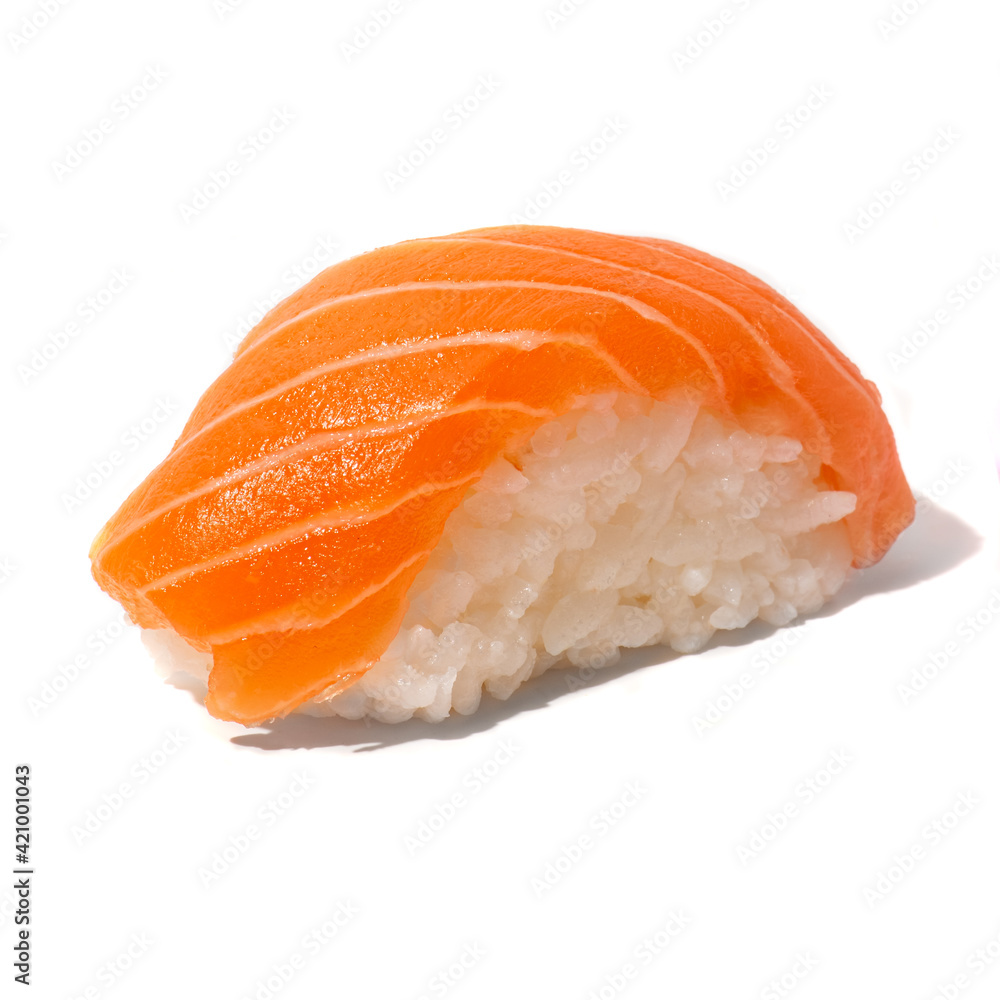SALMON SUSHI NIGIRI WHITE BACKGROUND SALMON SUSHI NIGIRI WHITE BACKGROUND