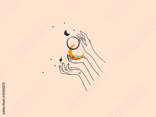 Hand drawn vector abstract stock flat graphic illustration with logo elements ,woman fashion magic line art hands touch moonand stars in simple style for branding ,isolated on color background