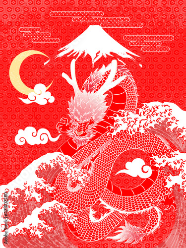 Abstract Art Dragon with White Outline Flying  with  Crescent Moon Above with Japanese Torrential Wave, Cloud and Fuji Mountain On Red Background with Hexagon and Sakura Repeat Pattern Vector Graphics