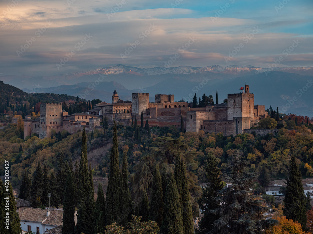 panorama sunset at Alhambra, Granada, Spain