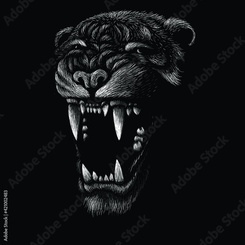 The Vector logo tiger for tattoo or T-shirt design or outwear.  Hunting style big cat print on black background. This hand drawing is for black fabric or canvas.