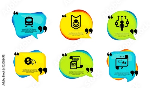 Business way, Train and Shoulder strap icons set. Payment, Documents and Target path signs. Vector