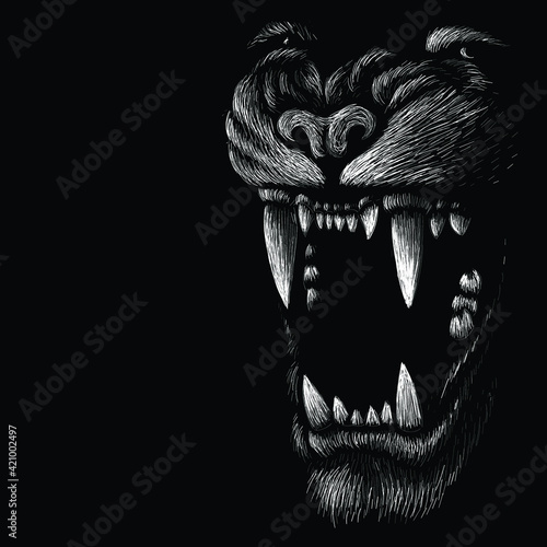 The Vector logo tiger for tattoo or T-shirt design or outwear.  Hunting style big cat print on black background. This hand drawing is for black fabric or canvas.