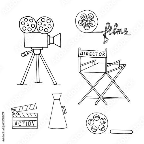 Set of vector elements on the theme of film making on a white background.