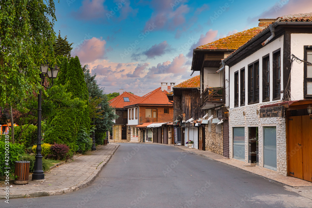 NESSEBAR, BULGARIA, JUNY 20, 2016: architectural solutions Nessebar old town buildings. residential quarter.