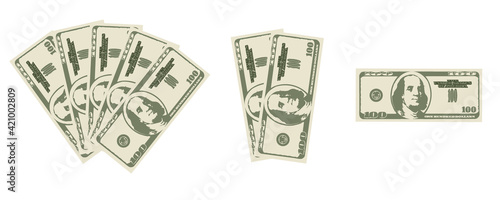 Green cash on white background. Green 100 dollar bill. A wad of money vector illustration. Banknote.