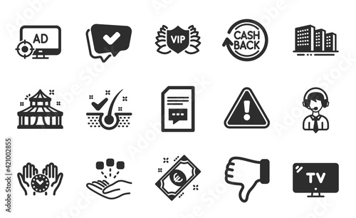 Tv, Approved and Seo adblock icons set. Comments, Anti-dandruff flakes and Vip security signs. Vector