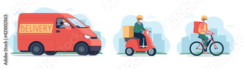 Online delivery service concept, safe quarantine. A courier in a medical mask on a bicycle, a moped and a cargo van for delivery. Set of vector illustrations flat, transport, red