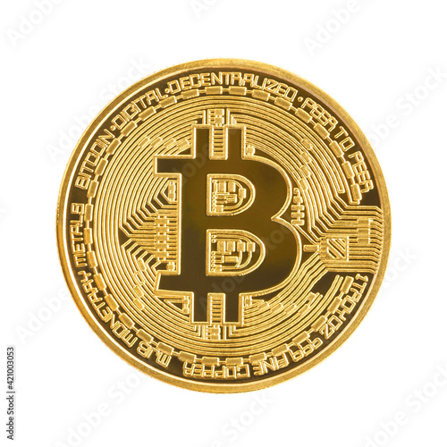 Golden coin with bitcoin symbol isolated on white