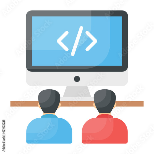 Two man looking and code on monitor. Pair programming Concept, Agile Methodologies Vector Color Icon Design, Software and web development symbol on white background, Computer Programming and Coding st
