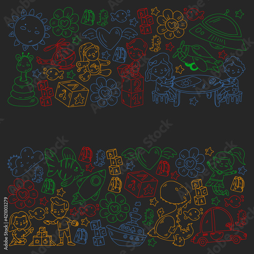 Poster with cute doodle drawing of happy kids and precepts to celebrate Children's Day. Kindergarten children.