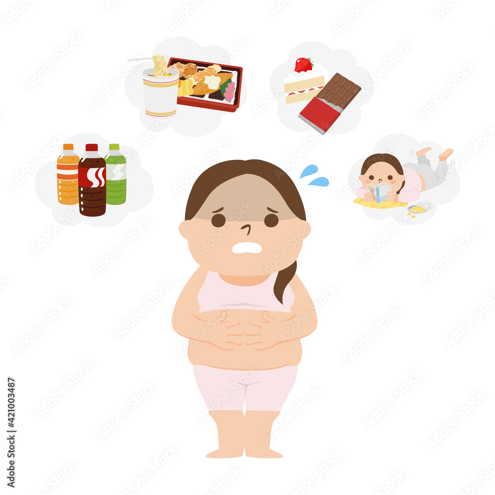 甘いスイーツやジュース 運動不足などが原因で太ってしまった女性のイラスト Stock Illustration Adobe Stock