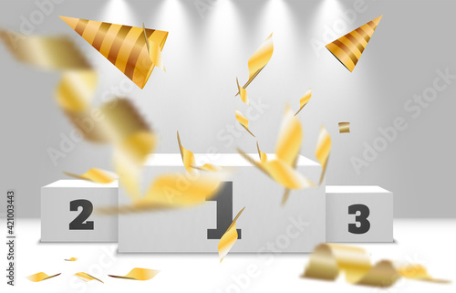 Winner podium with colorful serpentine. Vector 10 eps.