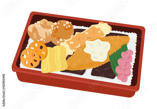 ご飯とおかずの間に海苔を乗せた海苔弁のイラスト。揚げ物や唐揚げなどトッピングした和食の弁当。