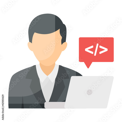Coder Avatar Concept, Business Intelligence Vector Color Icon Design, Software and web development symbol on white background, Computer Programming and Coding stock illustration, Person with Laptop