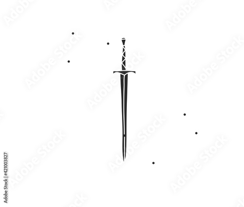 Hand drawn vector abstract stock flat graphic illustration with logo element of magic sword silhouette art in simple style for branding,isolated on white background