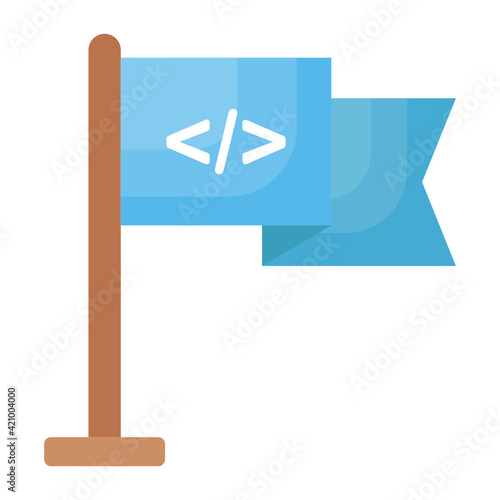 Flag with code symbol. Feature flags  Concept Vector Color Icon Design, Software and web development symbol on white background, Computer Programming and Coding stock illustration