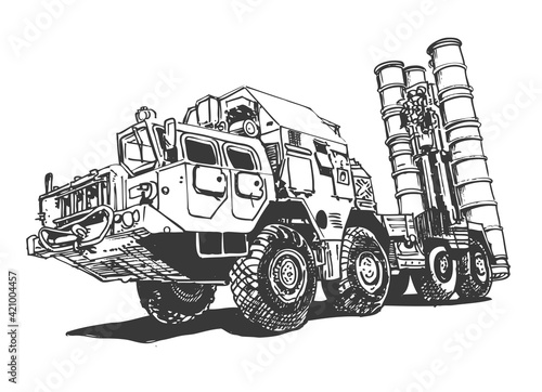 Military Equipment Rocket Carrier S-400. Sketch Drawing. 